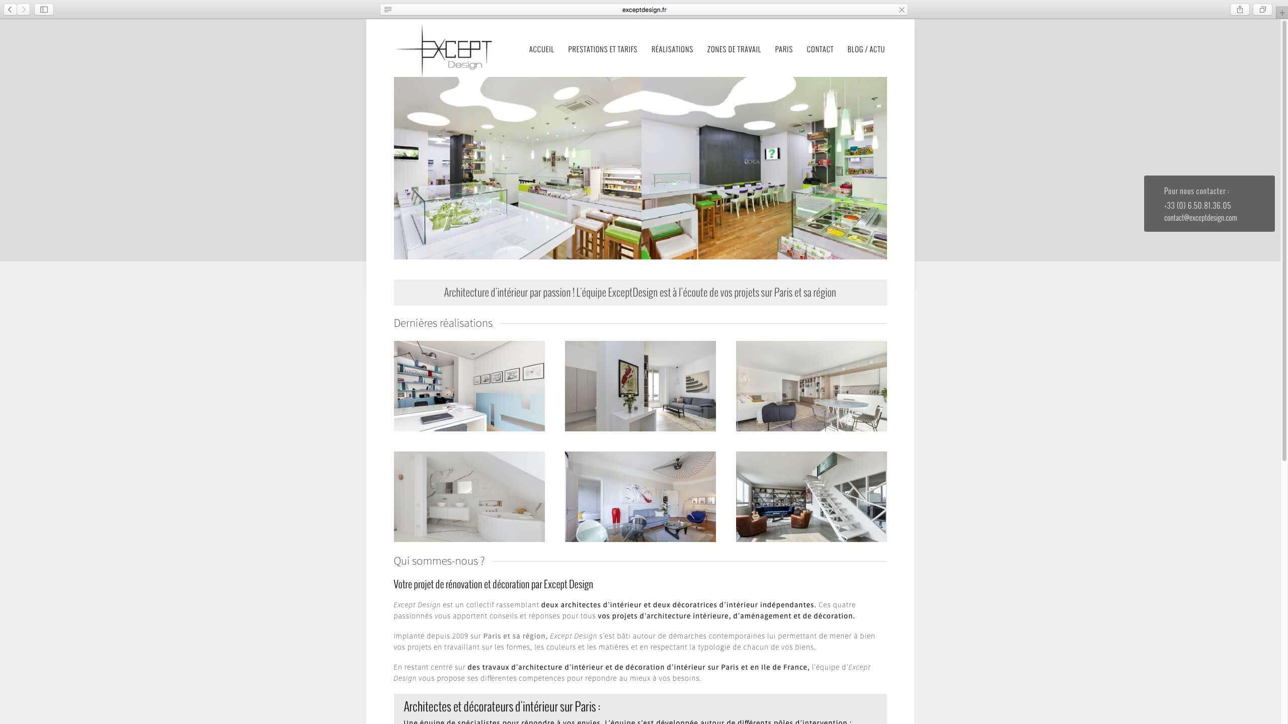 Capture d'écran du site internet Except Design réalisé par Kevin de Sousa