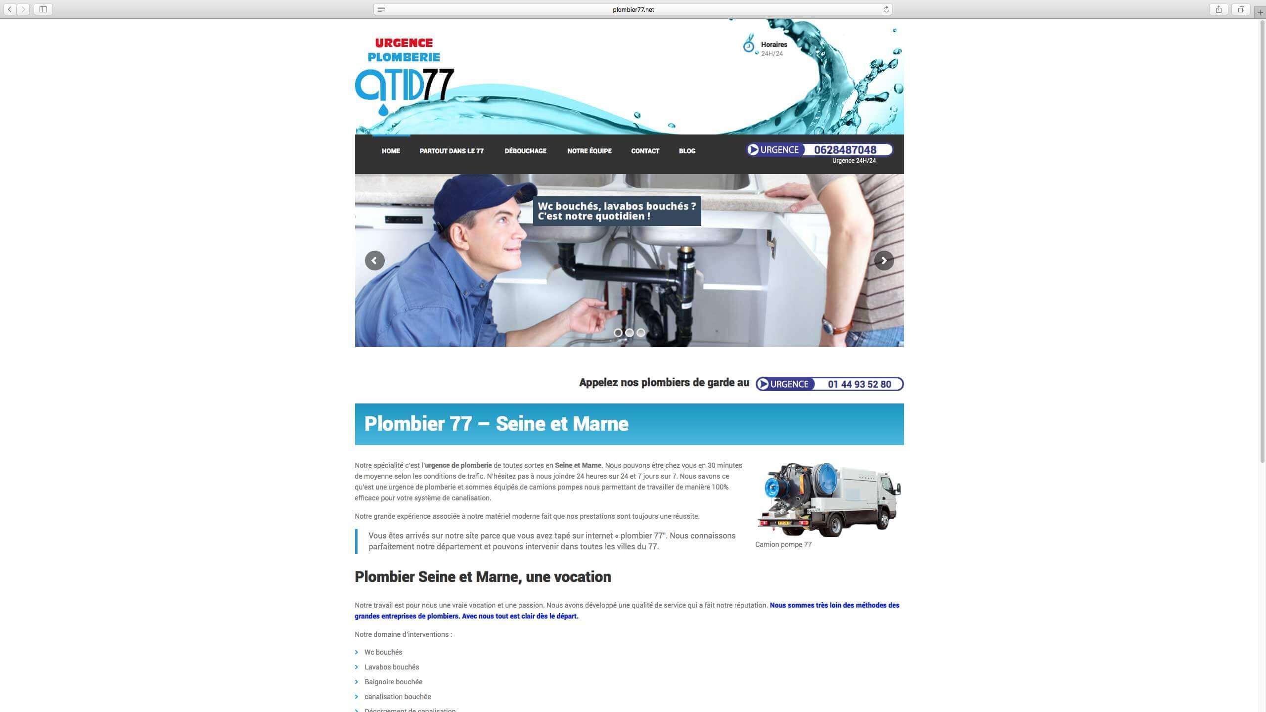 Capture d'écran du site internet Plombier77 réalisé par Kevin de Sousa