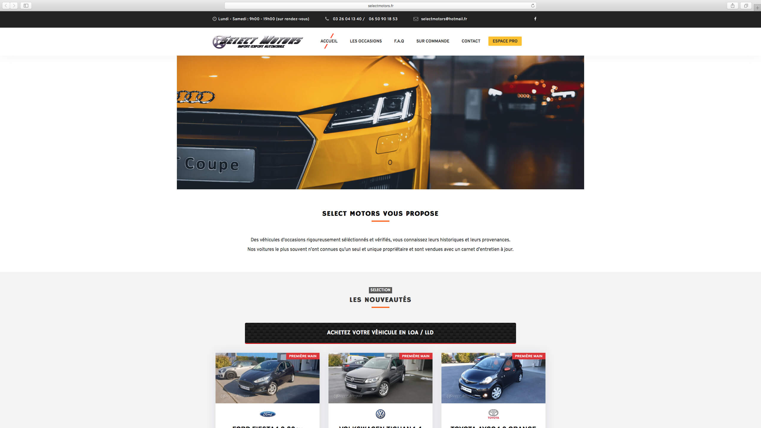 Capture d'écran du site internet Select Motors réalisé par Kevin de Sousa