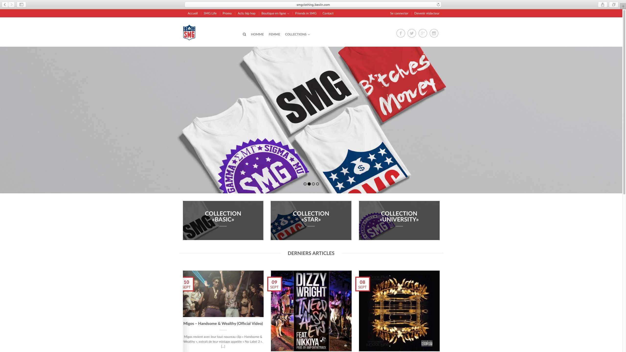 Capture d'écran du site internet SMGClothing réalisé par Kevin de Sousa