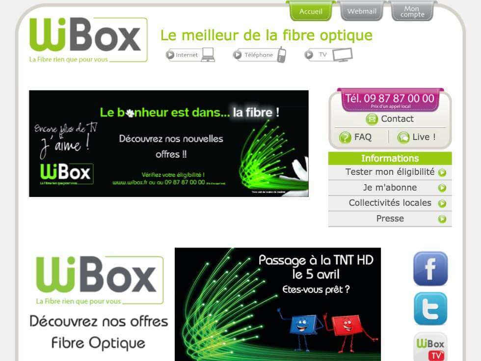 Capture d'écran du site internet Wibox sur un iPad