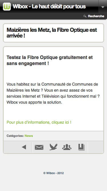 Capture d'écran du site internet Wibox sur un iPhone