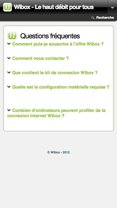 Capture d'écran du site internet Wibox sur un iPhone